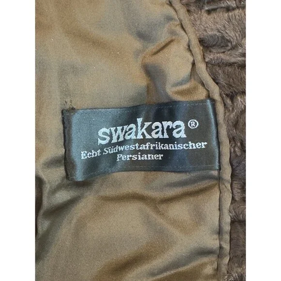 Swakara Karakul Persian Lamb Eco-Fur Coat Women’s S Brown Wood Buttons Buckle